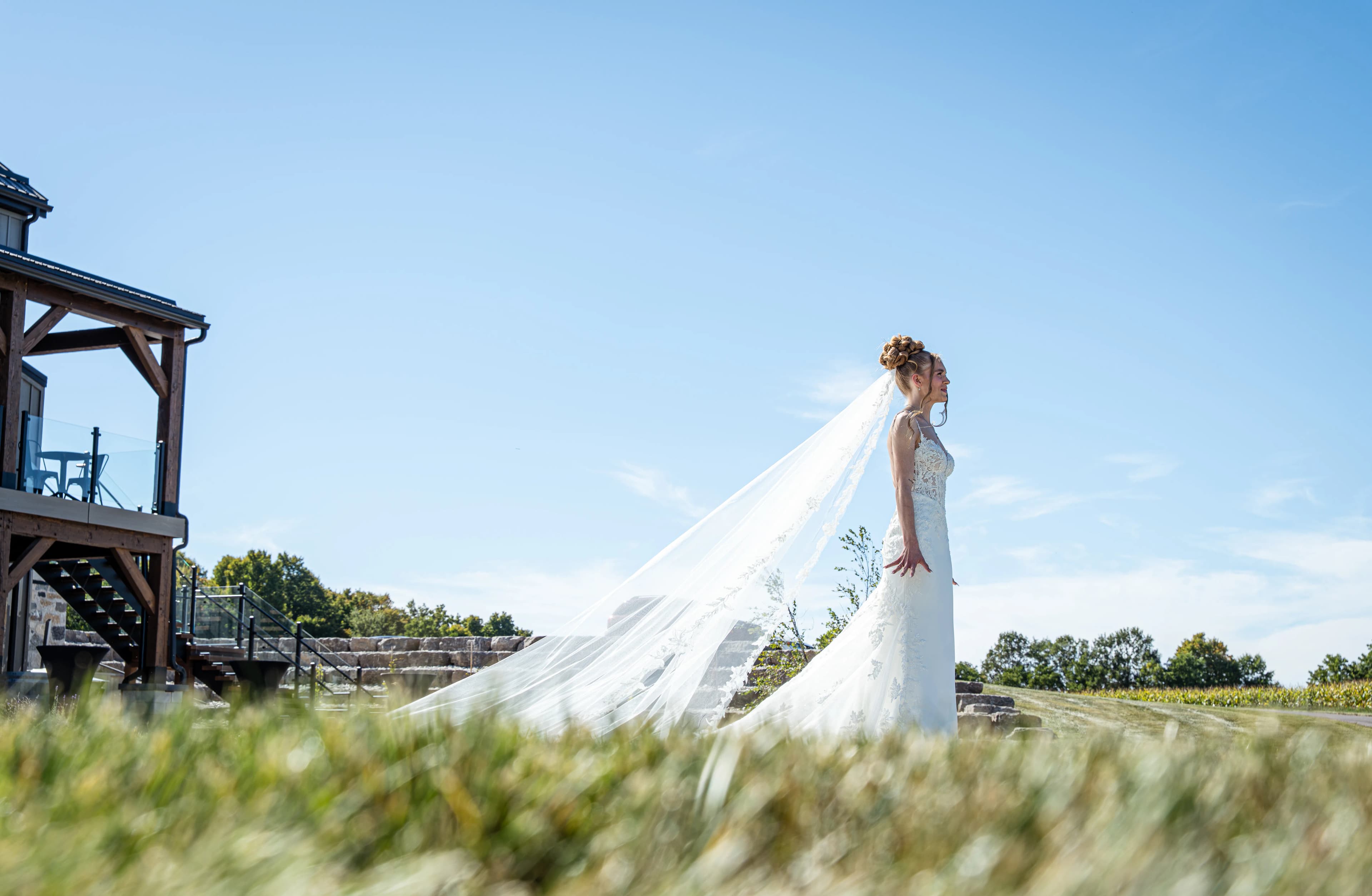 A bride standing in an open field with her veil flowing in the breeze